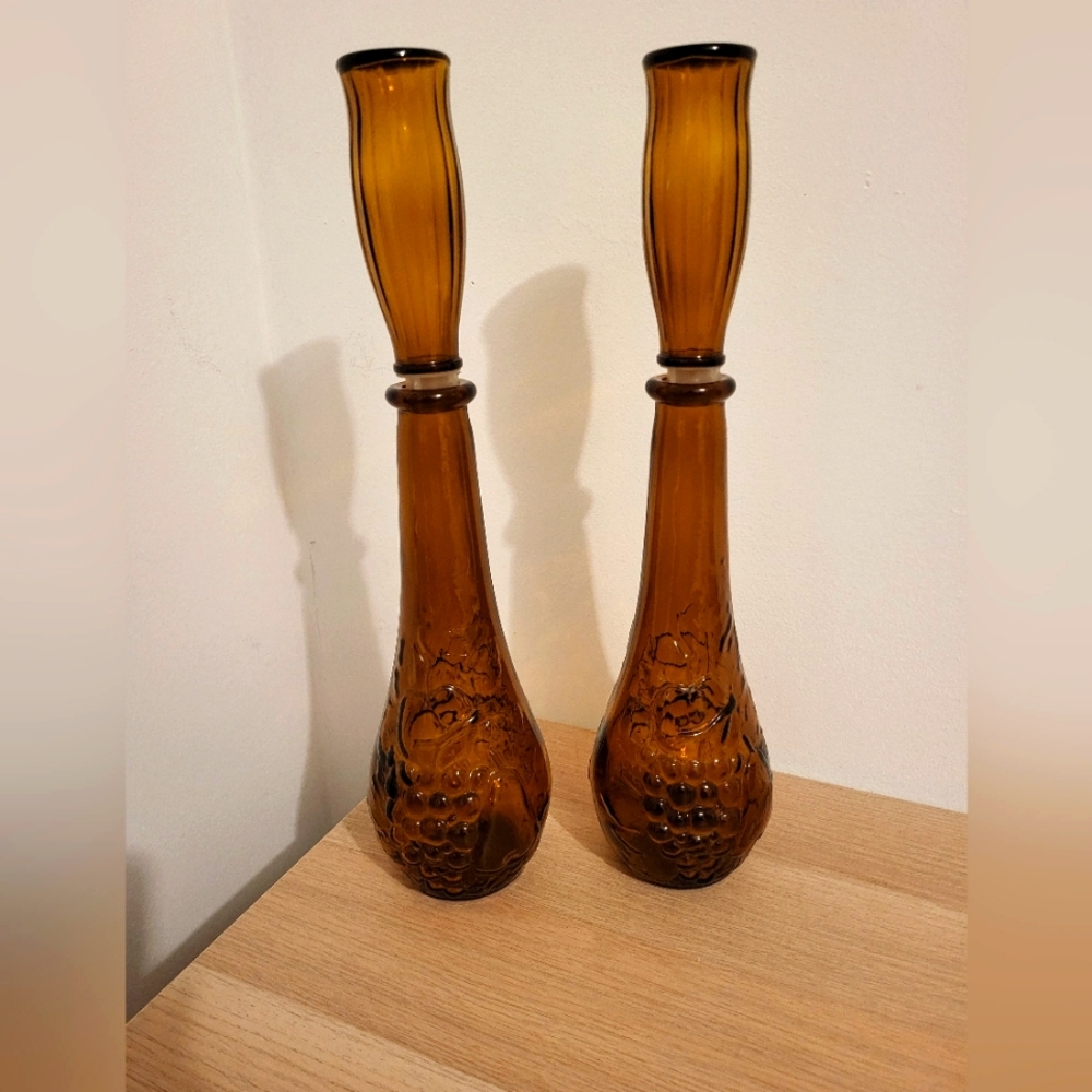2 DABS Vintage MCM PORTUGAL EMBOSSED FRUIT DECANTER with Tall Stopper 17 inch